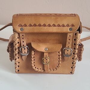 Mexican Hand Tooled Leather Bag Box  Purse Mini Messenger Bag